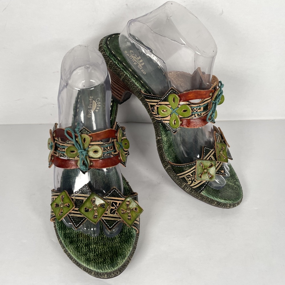 Spring Step Savory Shoes Womens Size 41 Green Leather Slide Heels Floral Slip On - Picture 2 of 10